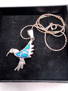 Vintage 2" Mexico Blue Opal Chips Bird Pendant Silver Tone on 18" Korea Chain VG